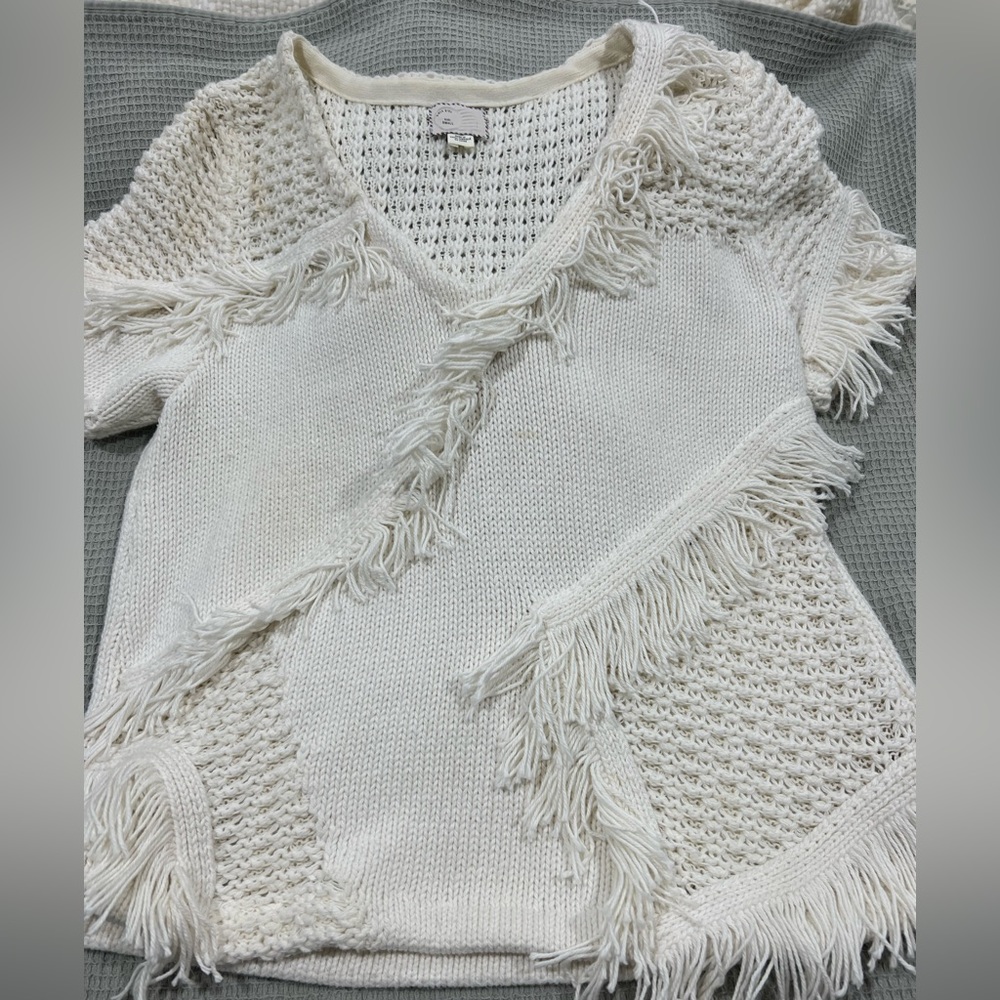 Anthropologie Postmark Kurie Cream Fringe Knit Pullover